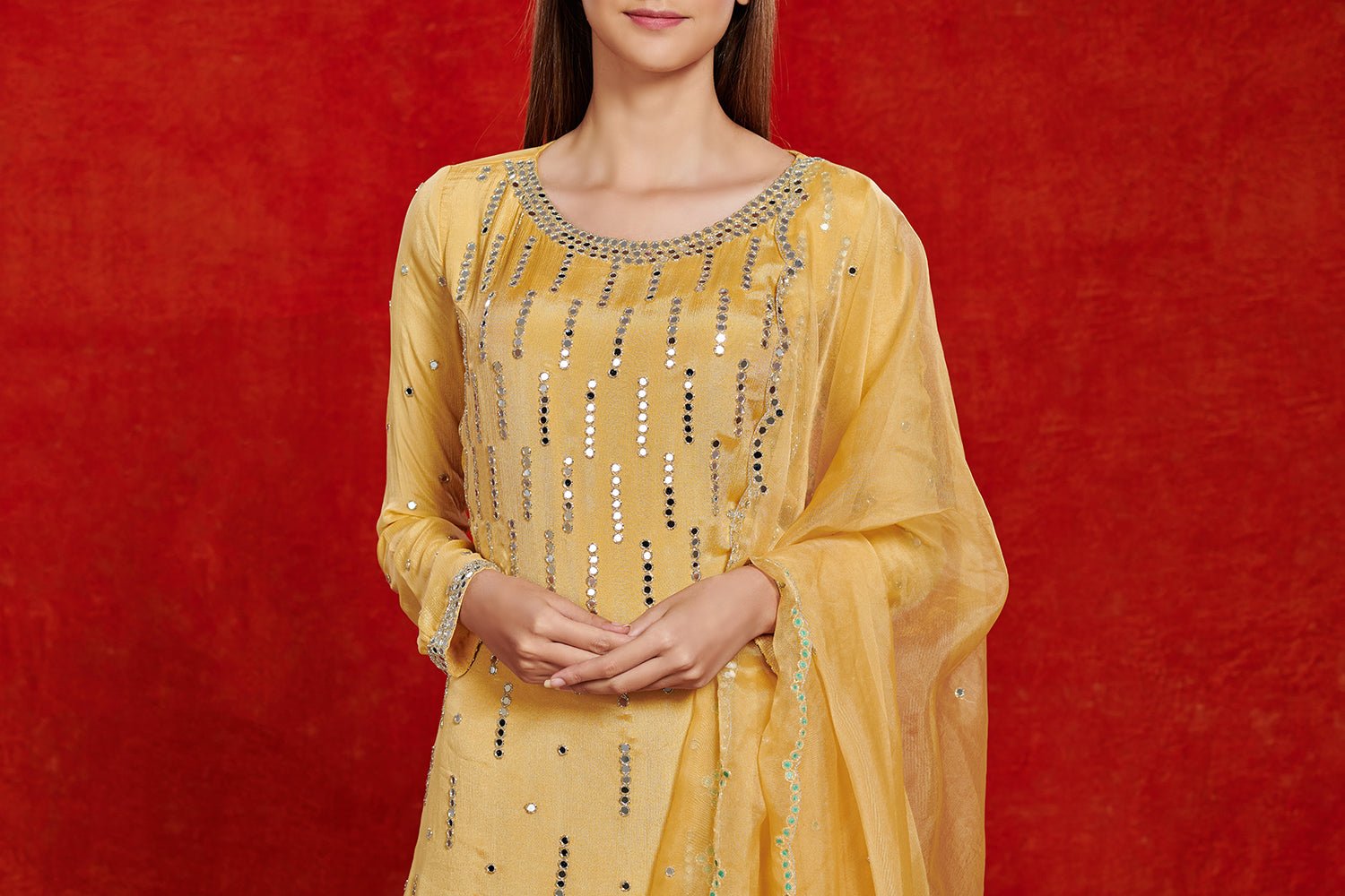 Shop stunning yellow mirror work chiffon sharara suit online in USA with dupatta. Make a fashion statement on festive occasions and weddings with palazzo suits, sharara suits, partywear dresses, salwar suits from Pure Elegance Indian fashion store in USA.-embroidery