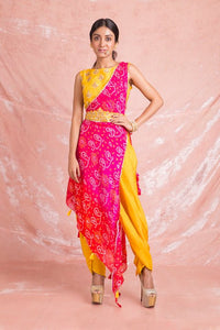 Shop stunning yellow and pink embroidered Mysore silk draped designer suit online in USA. Champion ethnic fashion on weddings and festivals with a stunning collection of designer Indian dresses, Indowestern outfits, salwar suits, Anarkali suits from Pure Elegance Indian fashion store in USA.-full view