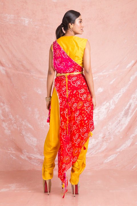 Shop stunning yellow and pink embroidered Mysore silk draped designer suit online in USA. Champion ethnic fashion on weddings and festivals with a stunning collection of designer Indian dresses, Indowestern outfits, salwar suits, Anarkali suits from Pure Elegance Indian fashion store in USA.-back