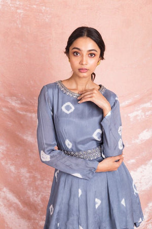 Buy contemporary grey embroidered and printed chiffon designer suit online in USA. Champion ethnic fashion on weddings and festivals with a stunning collection of designer Indian dresses, Indowestern outfits, salwar suits, Anarkali suits from Pure Elegance Indian fashion store in USA.-closeup
