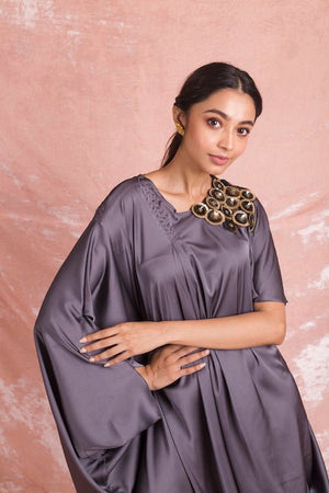 Shop stylish grey embroidered satin draped dress online in USA. Keep your wardrobe updated with a latest collection of designer Indian dresses, designer suits, Indowestern dresses, Anarkali suits from Pure Elegance Indian fashion store in USA.-closeup
