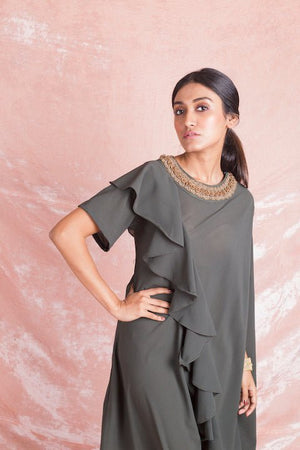 Buy stylish grey art georgette designer draped dress online in USA. Keep your wardrobe updated with a latest collection of designer Indian dresses, designer suits, Indowestern dresses, Anarkali suits from Pure Elegance Indian fashion store in USA.-closeup