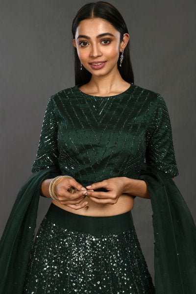 30Z161-RO bottle green organza Lehenga with dupatta