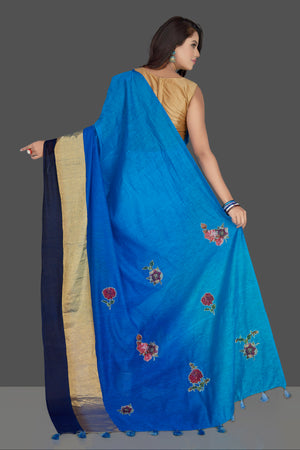 Shop charming blue floral applique linen sari online in USA with powder blue floral saree blouse. Radiate elegance with designer sarees with blouse, linen sarees from Pure Elegance Indian fashion boutique in USA. We bring a especially curated collection of ethnic saris for Indian women in USA under one roof!-back