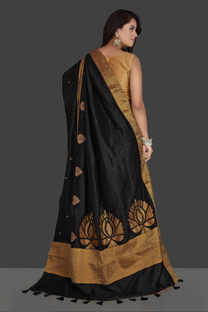 Shop beautiful black applique work raw silk saree online in USA with cream applique work sari blouse. Radiate elegance with embroidered sarees with blouse, raw silk sarees from Pure Elegance Indian fashion boutique in USA. We bring a especially curated collection of ethnic saris for Indian women in USA under one roof!-back