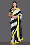 Shop elegant black and white striped saree online in USA with embroidered saree blouse. Make a fashion statement at parties with stunning designer sarees from Pure Elegance Indian fashion store in USA.-full view