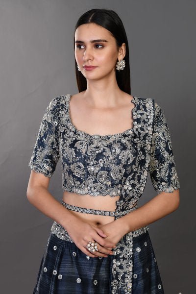 30Z138-RO navy blue silk Lehenga with dupatta and belt