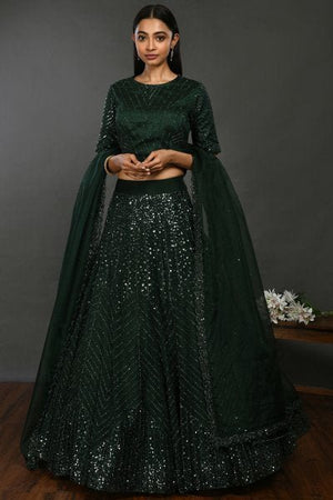 30Z161-RO bottle green organza Lehenga with dupatta