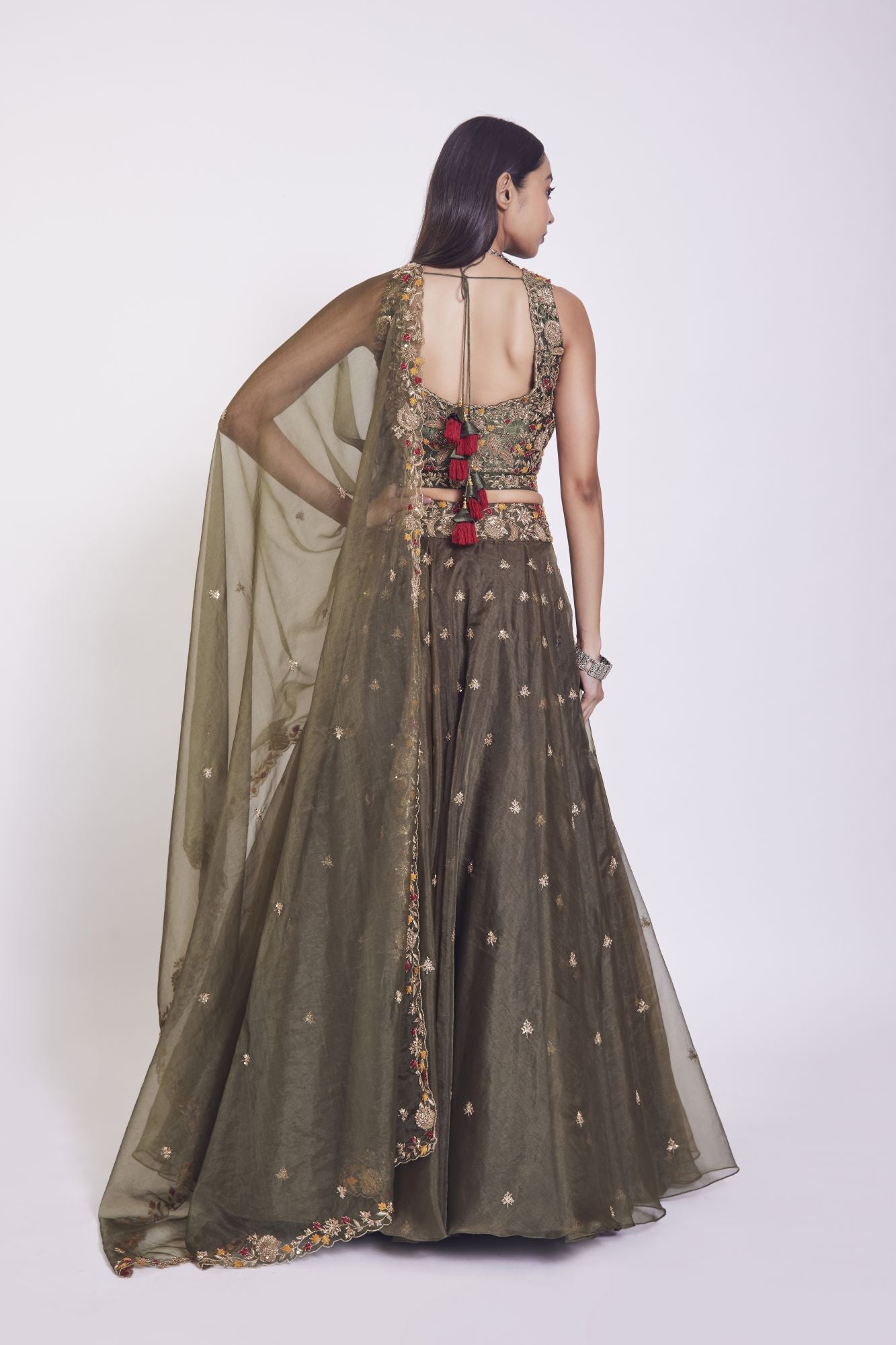 30Z108-RO Olive Green organza Lehenga with dupatta