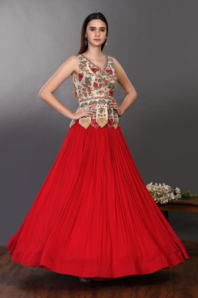 30Z135-RO red georgette Lehenga with off white foliage print blouse