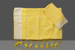 Shop charming yellow color chiffon georgette saree online in USA with silver zari border. Go for stunning Indian designer sarees, georgette sarees, handwoven saris, embroidered sarees for festive occasions and weddings from Pure Elegance Indian clothing store in USA.-blouse