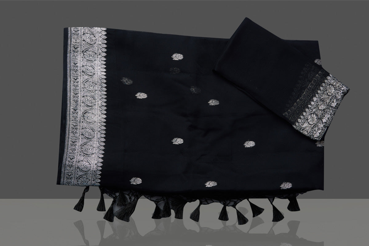 Buy black chiffon georgette saree online in USA with silver zari border. Go for stunning Indian designer sarees, georgette sarees, handwoven saris, embroidered sarees for festive occasions and weddings from Pure Elegance Indian clothing store in USA.-blouse piece