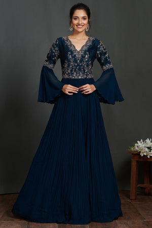 Shop stunning teal blue embroidered fit and flare gown online in USA  Make a fashion statement on festive occasions and weddings with designer suits, Indian dresses, Anarkali suits, palazzo suits, designer gowns, sharara suits from Pure Elegance Indian fashion store in USA.-front