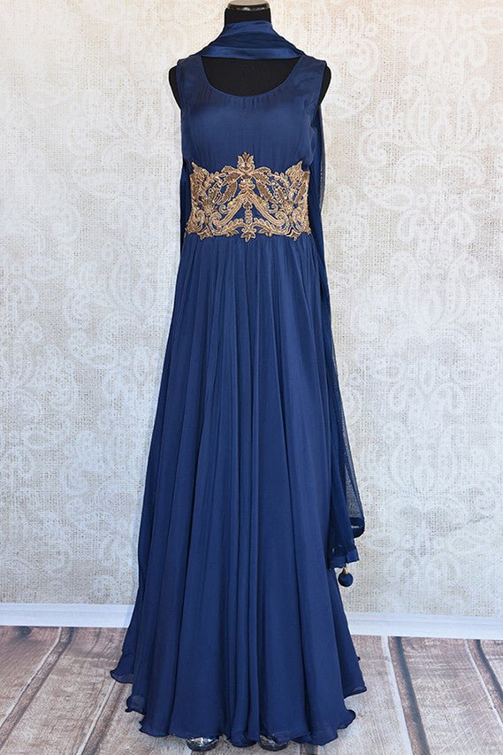 Navy Indian silk three piece anarkali suit with golden patch embroidery in front and back. Gorgeous party wear.-Full view