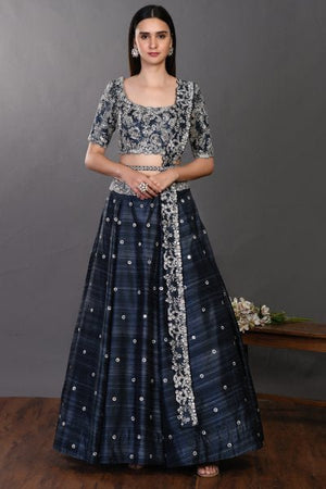 30Z138-RO navy blue silk Lehenga with dupatta and belt