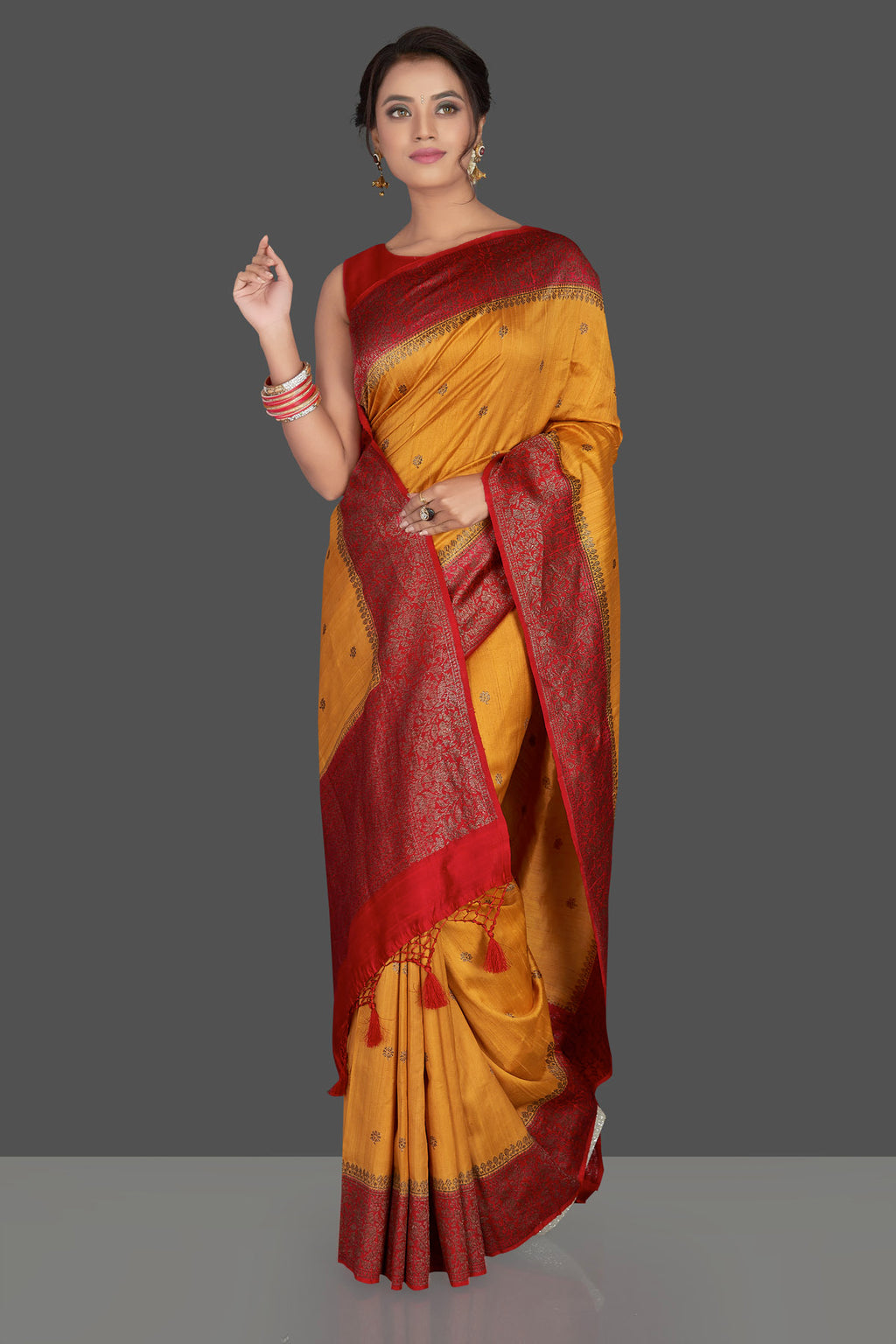 Shop mustard Banarasi silk sari online in USA with antique zari red border. Keep it elegant with handwoven sarees, Banarasi silk sarees, soft silk sarees from Pure Elegance Indian fashion boutique in USA. We bring a especially curated collection of ethnic sarees for Indian women in USA under one roof!-full view