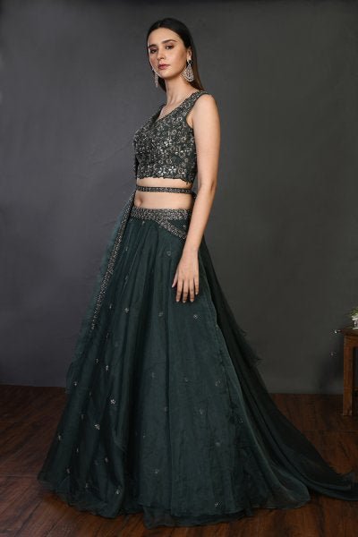 30Z152-RO Green organza Lehenga with belt and dupatta