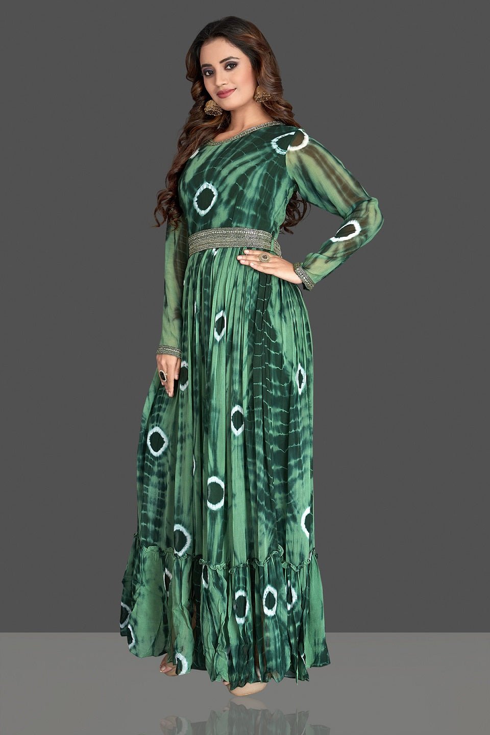 Buy stunning green bandhej georgette one piece dress online in USA. Elevate your Indian style with beautiful designer dresses, Indowestern outfits, designer salwar suits from Pure Elegance Indian fashion store in USA.-left