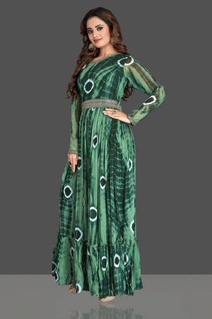 Buy stunning green bandhej georgette one piece dress online in USA. Elevate your Indian style with beautiful designer dresses, Indowestern outfits, designer salwar suits from Pure Elegance Indian fashion store in USA.-left