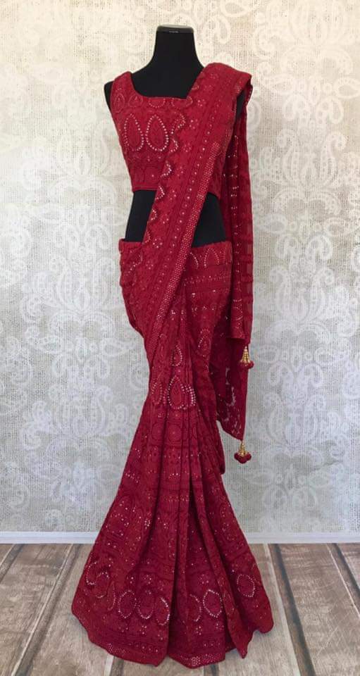 90A343-RO Red Lucknowi Saree