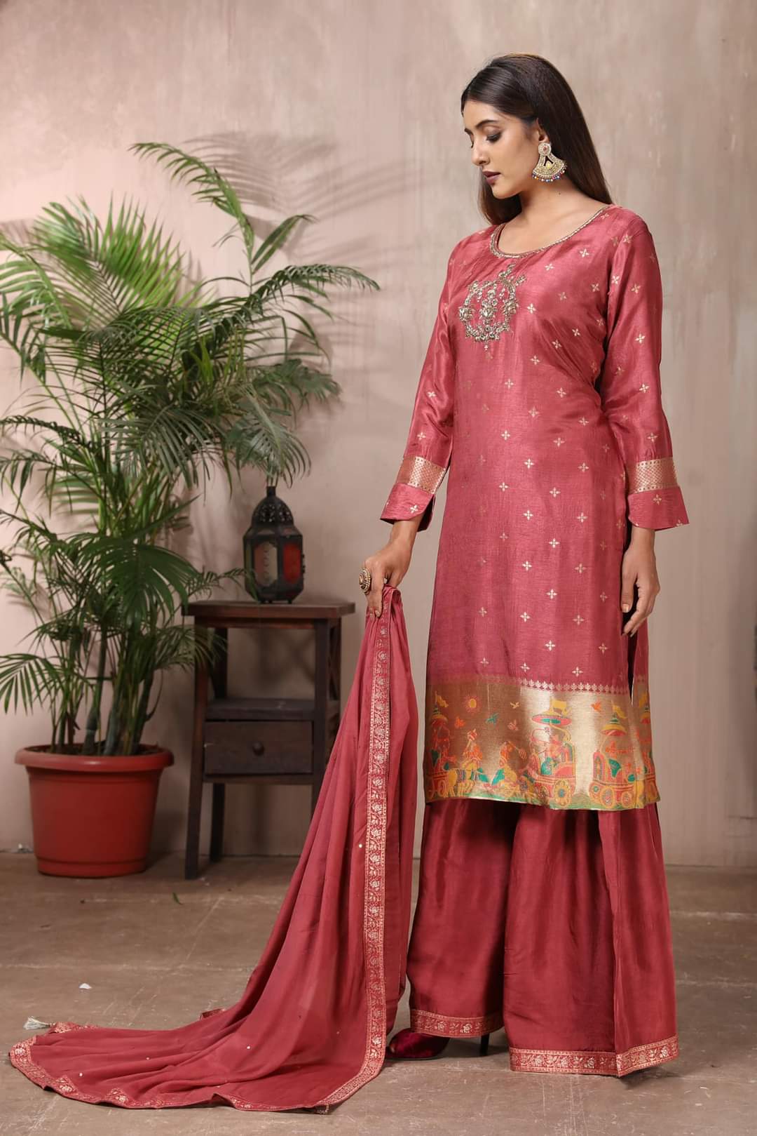Shop gorgeous rose pink embroidered crepe palazzo suit online in USA with dupatta. Flaunt Indian style at parties and weddings in beautiful designer dresses, salwar suits, Anarkali suits, gowns, palazzo suits from Pure Elegance Indian fashion store in USA.-full view