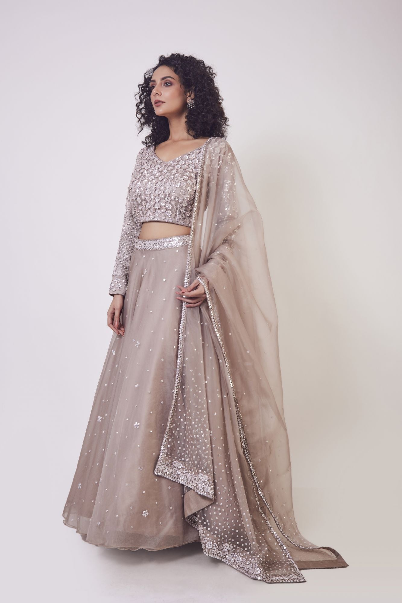 Buy stunning beige lehenga online in USA with dupatta. Get festive ready in beautiful designer Anarkali suits, designer lehenga, wedding gowns, sharara suits, designer sarees from Pure Elegance Indian fashion store in USA.-side