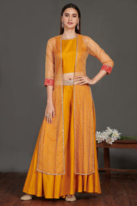Shop stunning mustard three piece co-ord set online in USA.  Make a fashion statement on festive occasions and weddings with designer suits, Indian dresses, Anarkali suits, palazzo suits, designer gowns, sharara suits from Pure Elegance Indian fashion store in USA.-full 