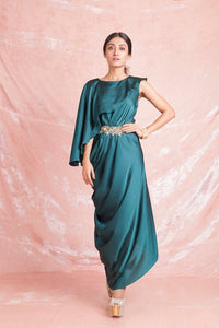 Shop gorgeous teal color embroidered draped satin dress online in USA. Keep your wardrobe updated with a latest collection of designer Indian dresses, designer suits, Indowestern dresses, Anarkali suits from Pure Elegance Indian fashion store in USA.-front