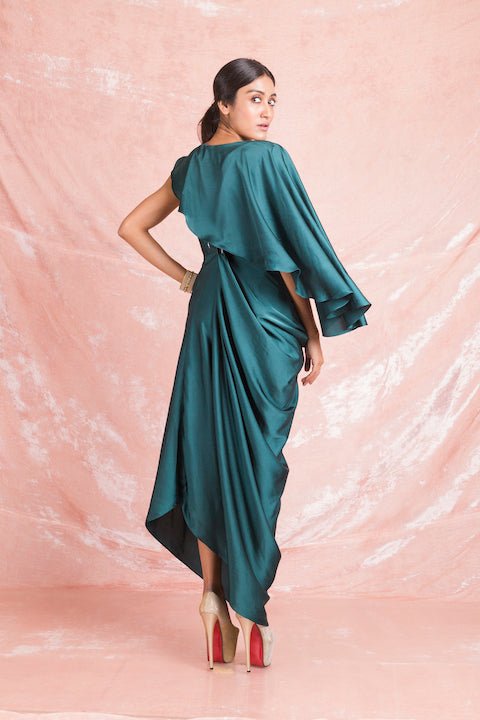 Shop gorgeous teal color embroidered draped satin dress online in USA. Keep your wardrobe updated with a latest collection of designer Indian dresses, designer suits, Indowestern dresses, Anarkali suits from Pure Elegance Indian fashion store in USA.-back