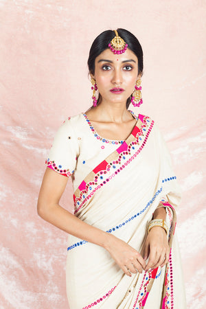 Shop cream mirror work handloom tussar saree online in USA with saree blouse. Champion ethnic fashion on weddings and festivals with a stunning collection of designer sarees, handloom saris with blouse, wedding sarees, from Pure Elegance Indian fashion store in USA.-blouse