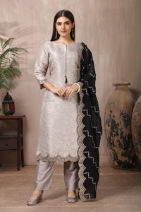 Shop gorgeous embroidered pant suit online in USA with black dupatta. Flaunt Indian style at parties and weddings in beautiful designer dresses, salwar suits, Anarkali suits, gowns, palazzo suits from Pure Elegance Indian fashion store in USA.-full view