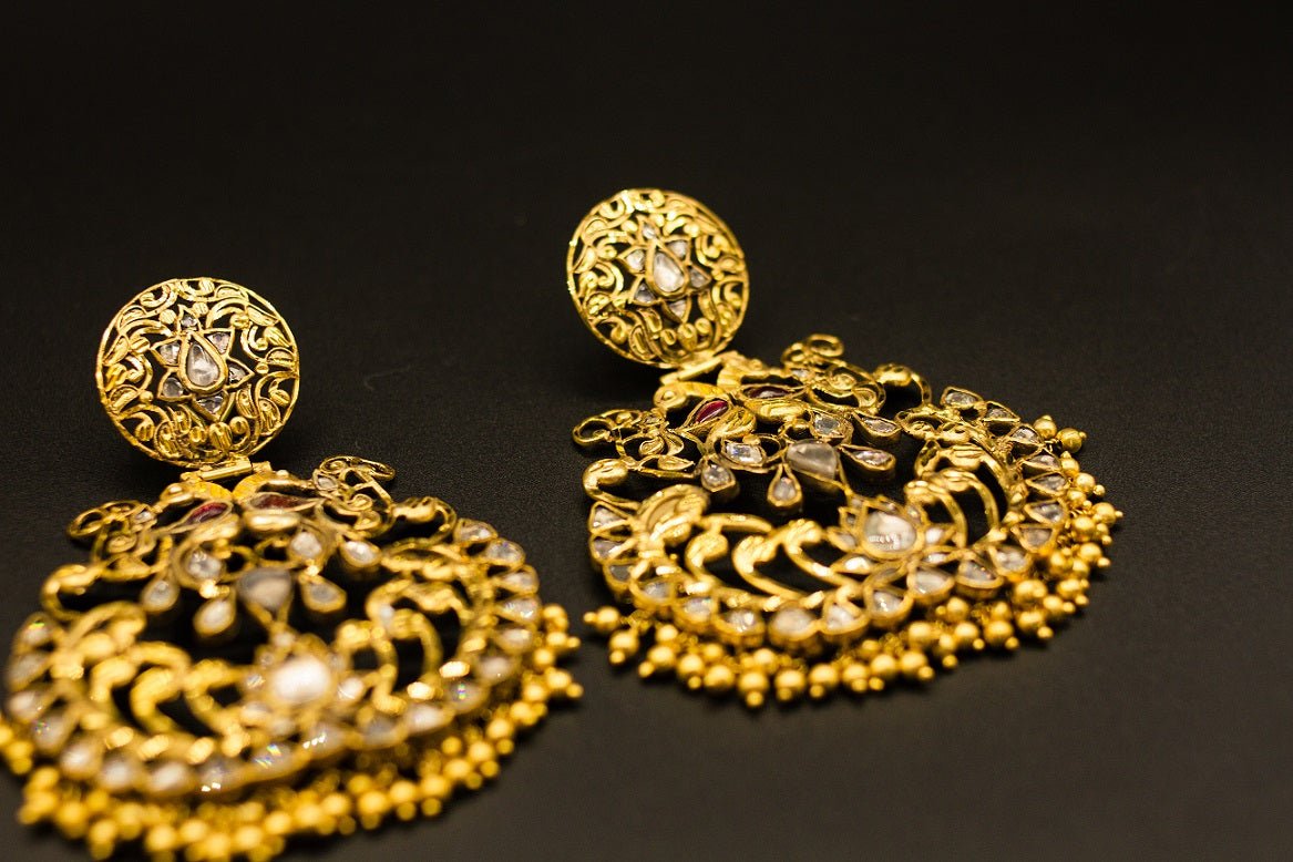Shop Amrapali silver gold plated glass chandelier earrings online in USA. Raise your ethnic style quotient on special occasions with exquisite Indian jewelry from Pure Elegance Indian clothing store in USA. Enhance your Indian look with silver gold plated jewelry, fashion jewelry available online.-closeup