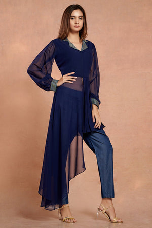 Shop stunning asymmetric royal blue sheer co-ord set online in USA. Make a fashion statement on festive occasions and weddings with palazzo suits, sharara suits, partywear dresses, salwar suits from Pure Elegance Indian fashion store in USA.-side