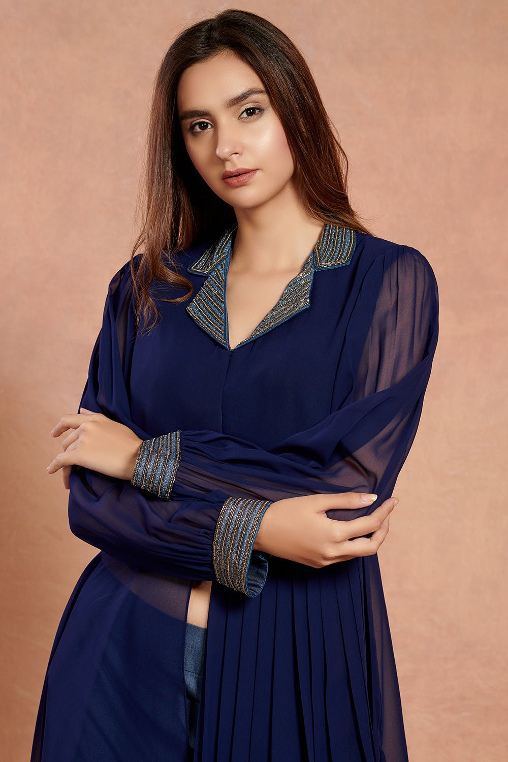 Shop stunning asymmetric royal blue sheer co-ord set online in USA. Make a fashion statement on festive occasions and weddings with palazzo suits, sharara suits, partywear dresses, salwar suits from Pure Elegance Indian fashion store in USA.-closeup