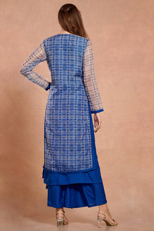 Shop stunning cobalt blue muslin kurta set online in USA with palazzo. Make a fashion statement on festive occasions and weddings with palazzo suits, sharara suits, partywear dresses, salwar suits from Pure Elegance Indian fashion store in USA.-back