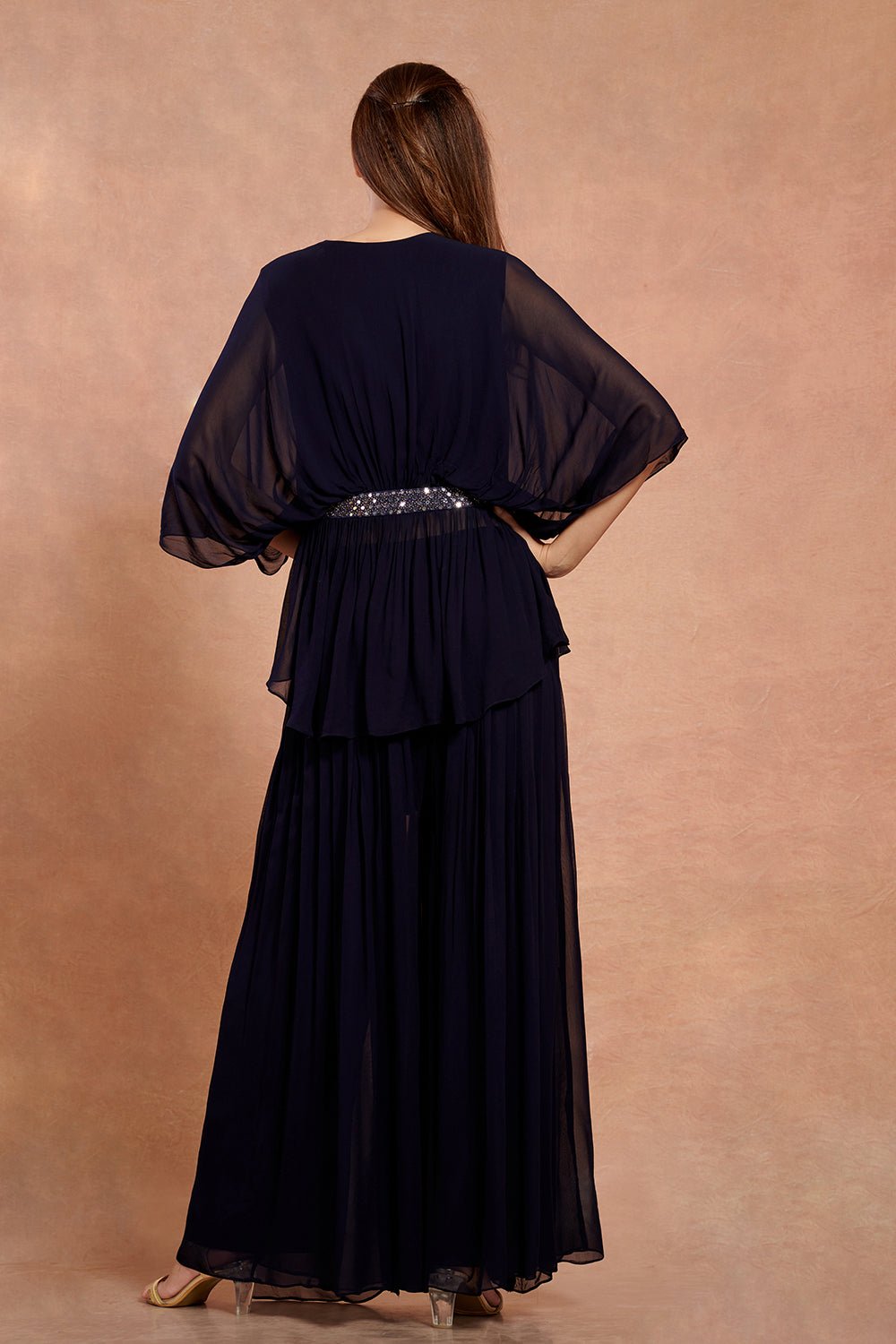 Shop beautiful navy blue georgette cape blouse with palazzo online in USA. Make a fashion statement on festive occasions and weddings with designer suits, Indian dresses, Anarkali suits, palazzo suits, designer gowns, sharara suits from Pure Elegance Indian fashion store in USA.-back
