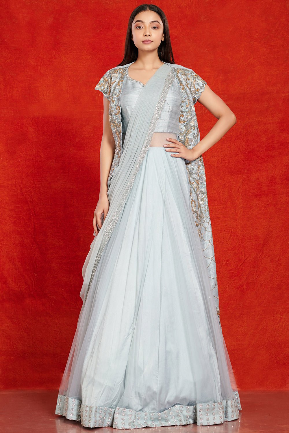 Shop beautiful aqua blue satin lehenga online in USA with embroidered jacket. Make a fashion statement on festive occasions and weddings with designer suits, Indian dresses, Anarkali suits, palazzo suits, designer gowns, sharara suits from Pure Elegance Indian fashion store in USA.-full view