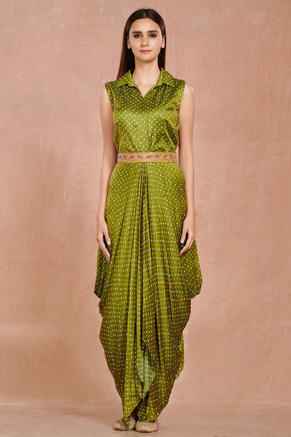 Shop beautiful mehendi green bandhej print jumpsuit online in USA with embroidered belt. Make a fashion statement on festive occasions and weddings with designer suits, Indian dresses, Anarkali suits, palazzo suits, designer gowns, sharara suits from Pure Elegance Indian fashion store in USA.-full view