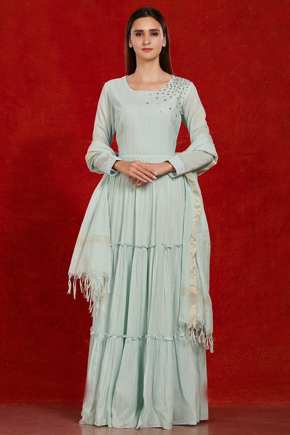 Buy stunning doctor blue cotton floorlength Anarkali online in USA with dupatta. Make a fashion statement on festive occasions and weddings with palazzo suits, sharara suits, partywear dresses, salwar suits from Pure Elegance Indian fashion store in USA.-front