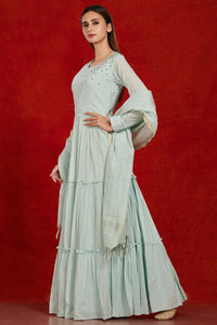 Buy stunning doctor blue cotton floorlength Anarkali online in USA with dupatta. Make a fashion statement on festive occasions and weddings with palazzo suits, sharara suits, partywear dresses, salwar suits from Pure Elegance Indian fashion store in USA.-full view