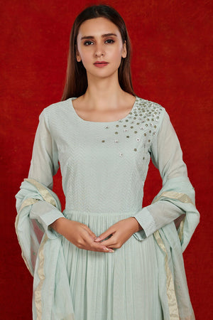 Buy stunning doctor blue cotton floorlength Anarkali online in USA with dupatta. Make a fashion statement on festive occasions and weddings with palazzo suits, sharara suits, partywear dresses, salwar suits from Pure Elegance Indian fashion store in USA.-closeup