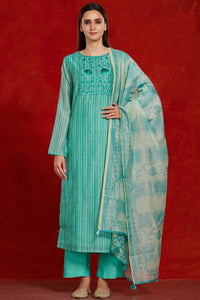 Shop gorgeous teal chanderi suit set online in USA with tie and dye dupatta. Make a fashion statement on festive occasions and weddings with palazzo suits, sharara suits, partywear dresses, salwar suits from Pure Elegance Indian fashion store in USA.-full view