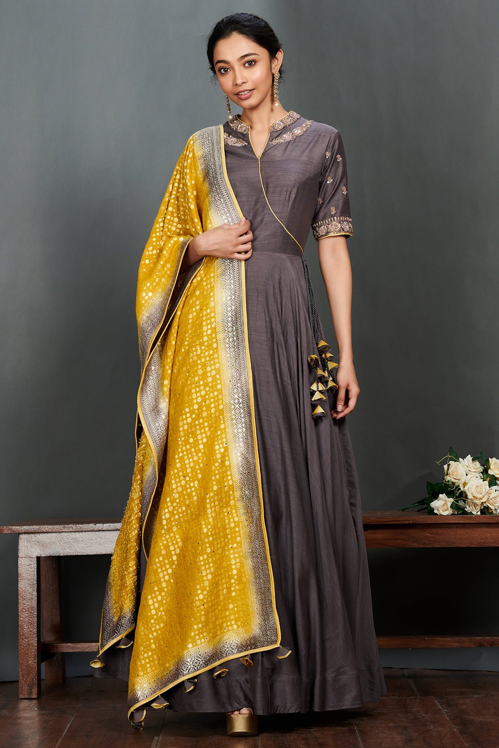 Buy stunning grey embroidered floorlength Anarkali online in USA with mustard dupatta. Make a fashion statement on festive occasions and weddings with palazzo suits, sharara suits, partywear dresses, salwar suits from Pure Elegance Indian fashion store in USA.-full view
