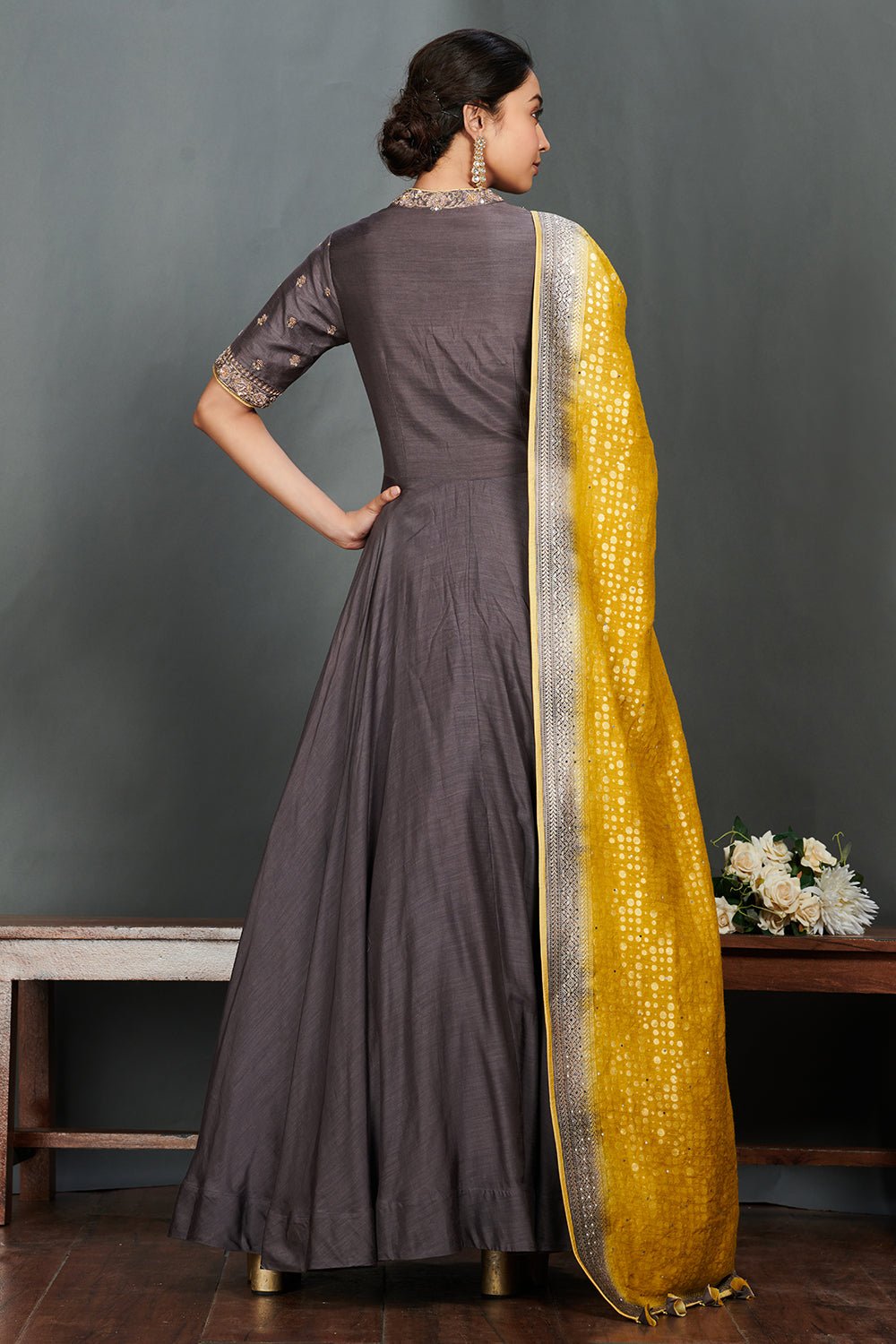 Buy stunning grey embroidered floorlength Anarkali online in USA with mustard dupatta. Make a fashion statement on festive occasions and weddings with palazzo suits, sharara suits, partywear dresses, salwar suits from Pure Elegance Indian fashion store in USA.-back