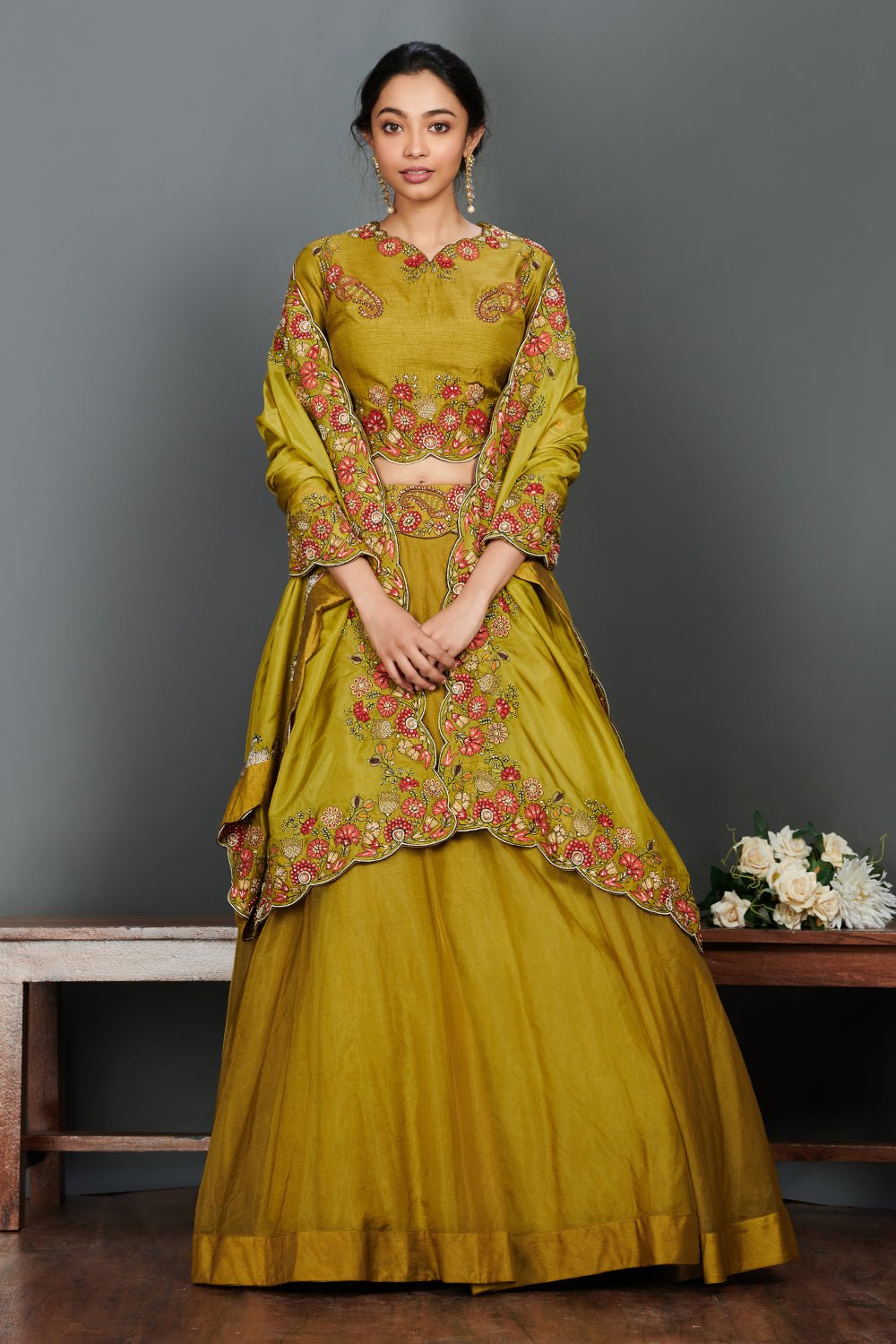 Buy beautiful olive green scalloped lehenga set online in USA. Make a fashion statement on festive occasions and weddings with designer suits, Indian dresses, Anarkali suits, palazzo suits, designer gowns, sharara suits from Pure Elegance Indian fashion store in USA.-full view