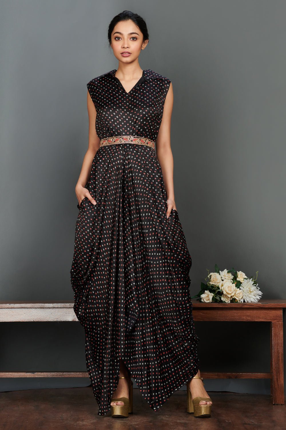 Buy stunning black bandhej print jumpsuit online in USA with embroidered belt. Make a fashion statement on festive occasions and weddings with designer suits, Indian dresses, Anarkali suits, palazzo suits, designer gowns, sharara suits from Pure Elegance Indian fashion store in USA.-full view