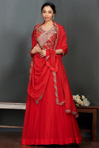 Buy stunning red embroidered designer organza lehenga online in USA. Make a fashion statement on festive occasions and weddings with palazzo suits, sharara suits, partywear dresses, salwar suits from Pure Elegance Indian fashion store in USA.-full view