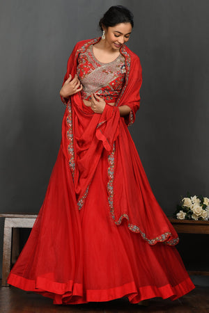 Buy stunning red embroidered designer organza lehenga online in USA. Make a fashion statement on festive occasions and weddings with palazzo suits, sharara suits, partywear dresses, salwar suits from Pure Elegance Indian fashion store in USA.-side