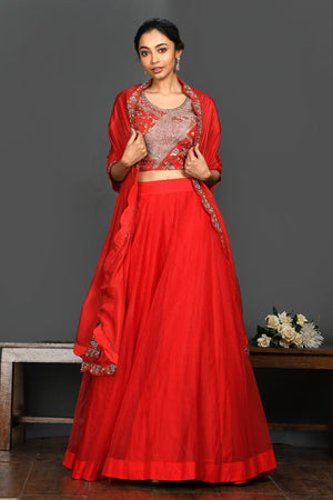 Buy stunning red embroidered designer organza lehenga online in USA. Make a fashion statement on festive occasions and weddings with palazzo suits, sharara suits, partywear dresses, salwar suits from Pure Elegance Indian fashion store in USA.-front