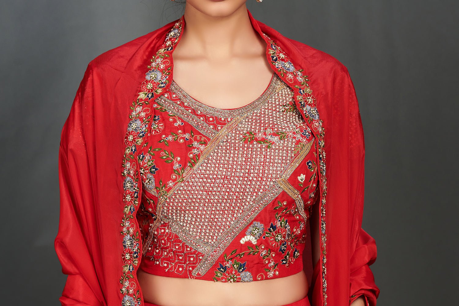 Buy stunning red embroidered designer organza lehenga online in USA. Make a fashion statement on festive occasions and weddings with palazzo suits, sharara suits, partywear dresses, salwar suits from Pure Elegance Indian fashion store in USA.-closeup